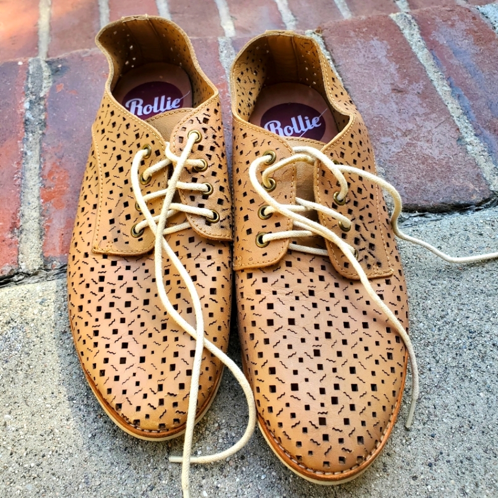 Rollie tan leather loafers with laces and confetti pattern
